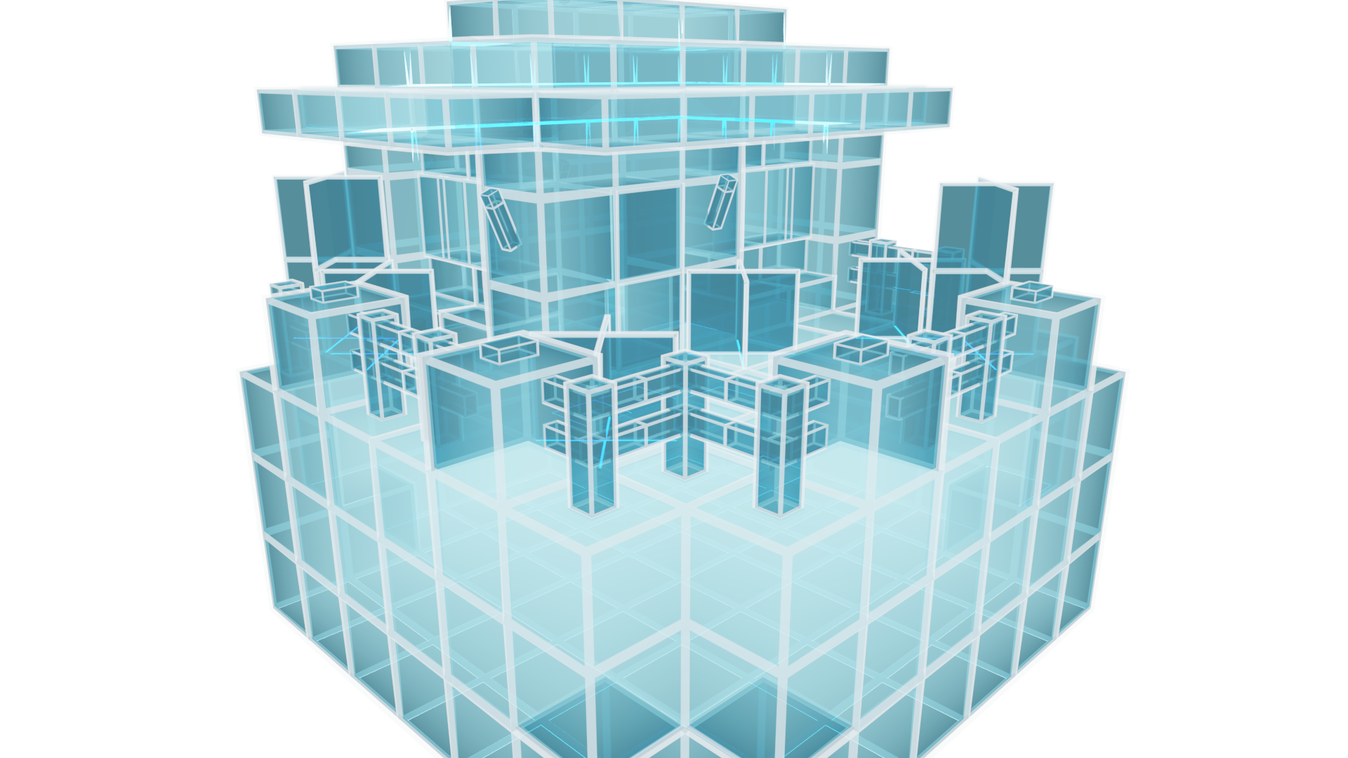 The same model as in the first image, but with a shader giving it a distinct style. All blocks are blueish translucent, with a thick white outline on their edges. You can see inside the model.